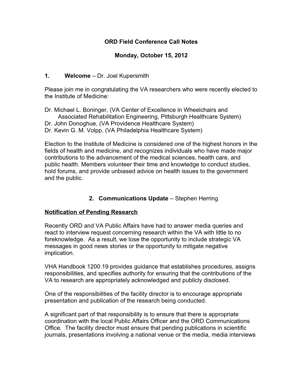 ORD Field Conference Call Notes, Oct. 15, 2012