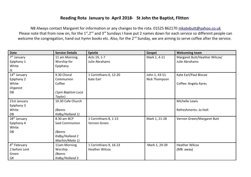 Reading Rota January to April 2018- St John the Baptist, Flitton