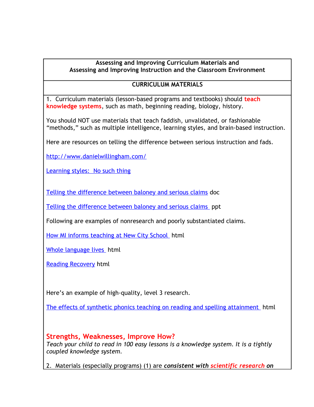 Assessing and Improving Curriculum Materials And