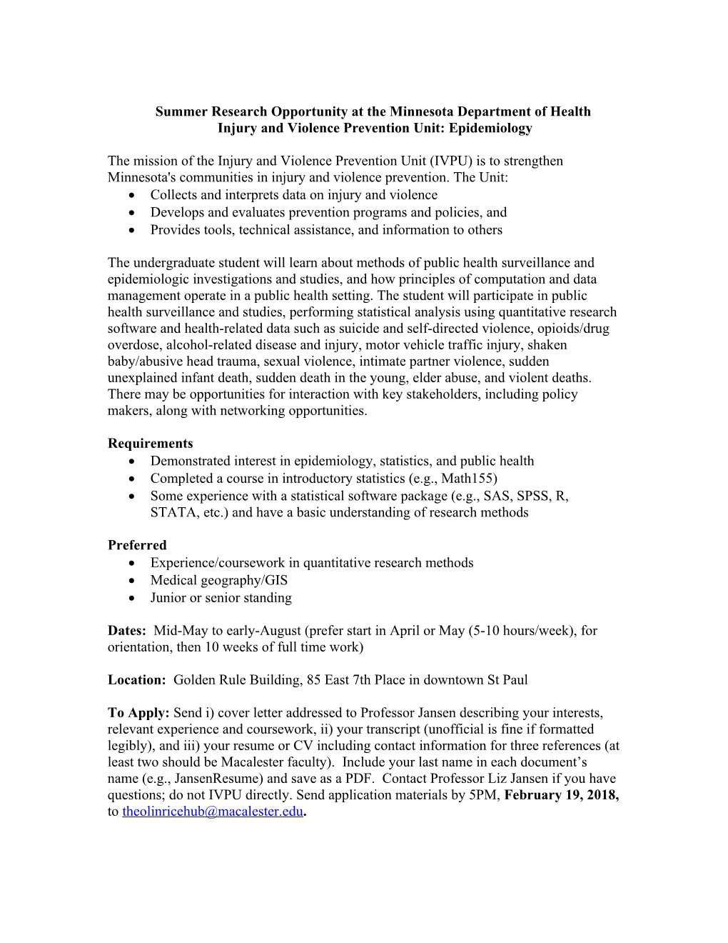 Summer Research Opportunity at the Minnesota Department of Health