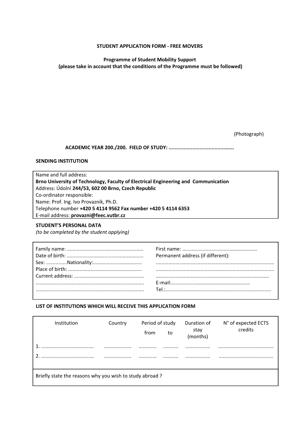 Student Application Form - Free Movers
