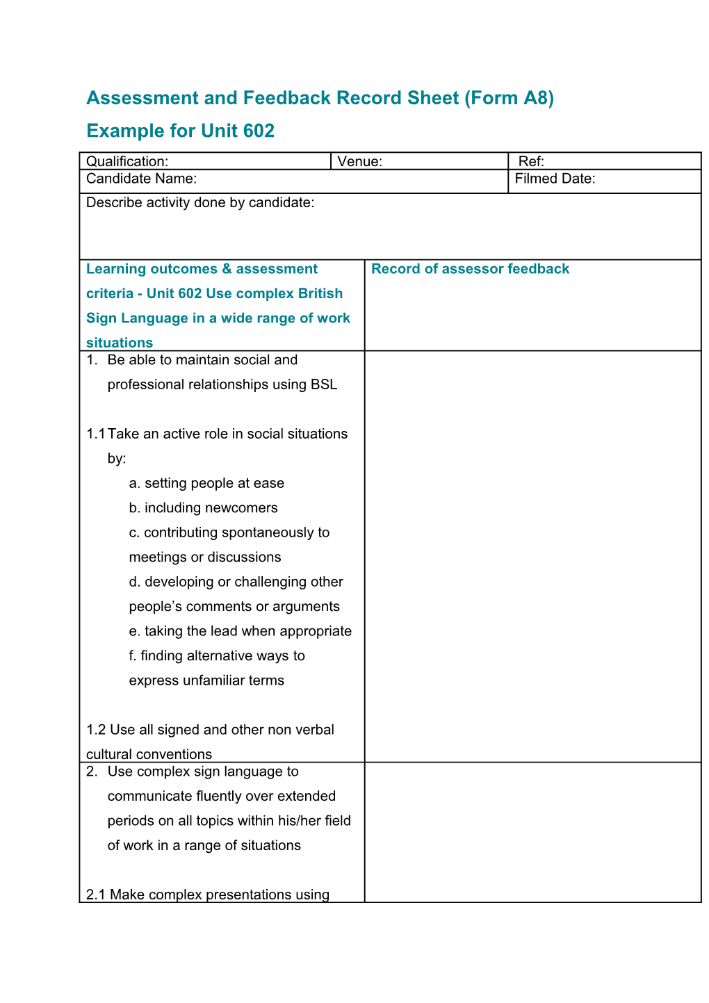 Assessment and Feedback Record Sheet (Form A8)