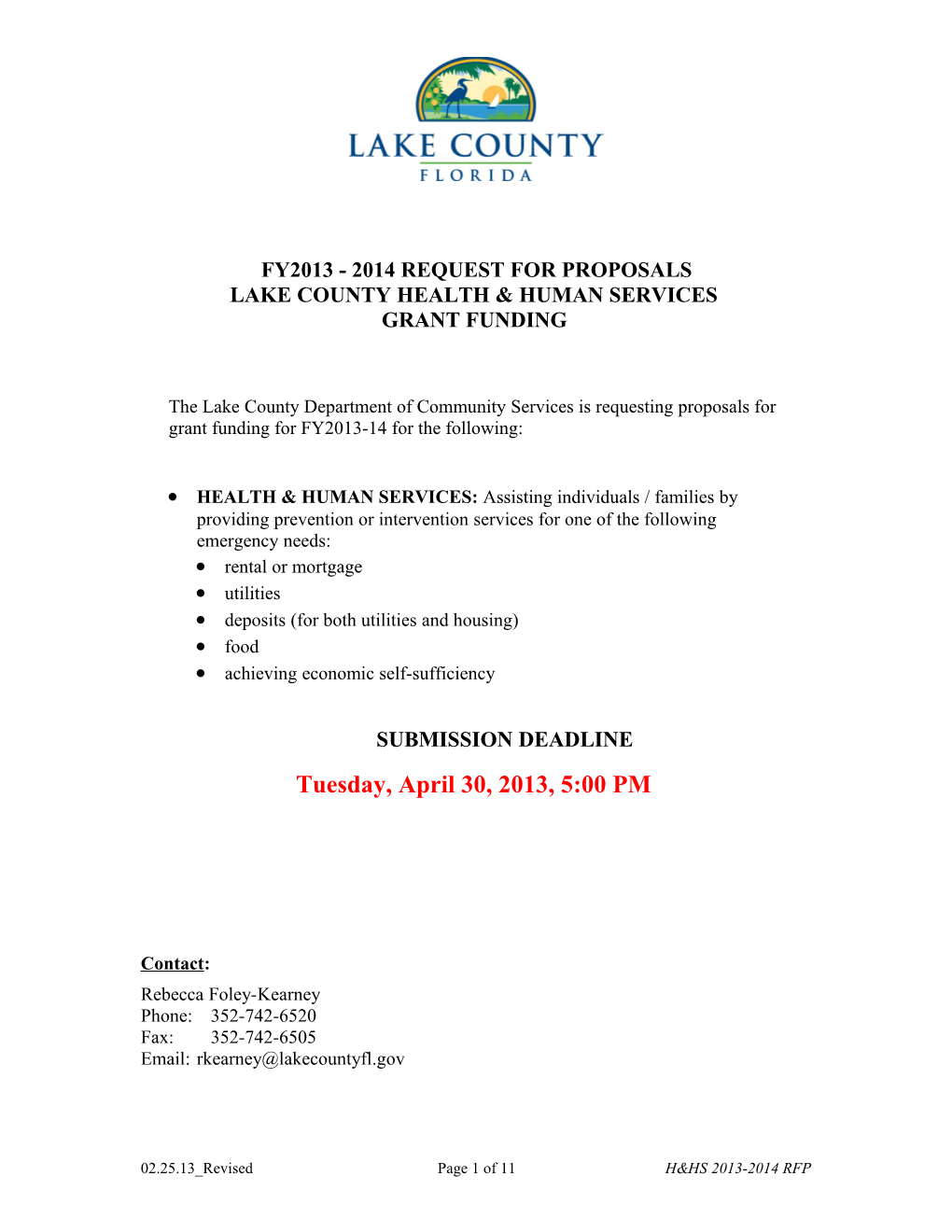 FY2013 - 2014 RFP Lake County Health & Human Services Grant Funding