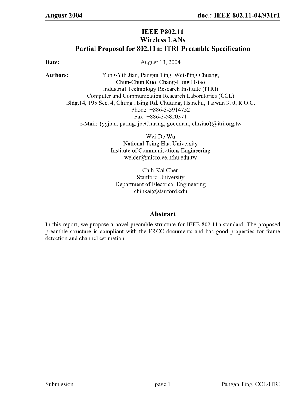 Partial Proposal for 802.11N: ITRI Preamble Specification