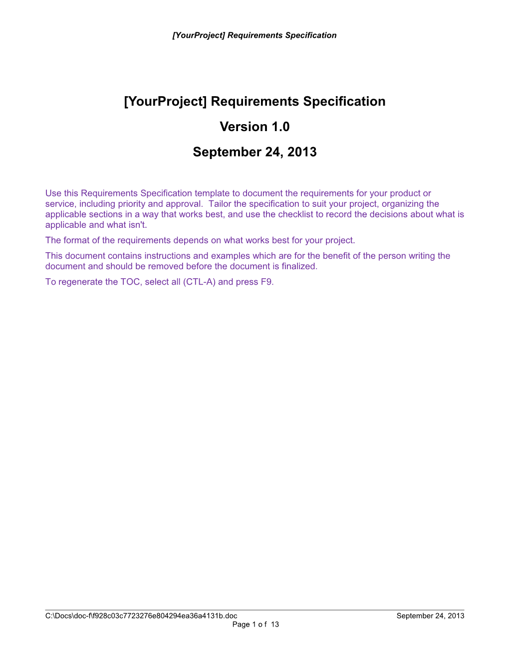 Yourproject Requirements Specification