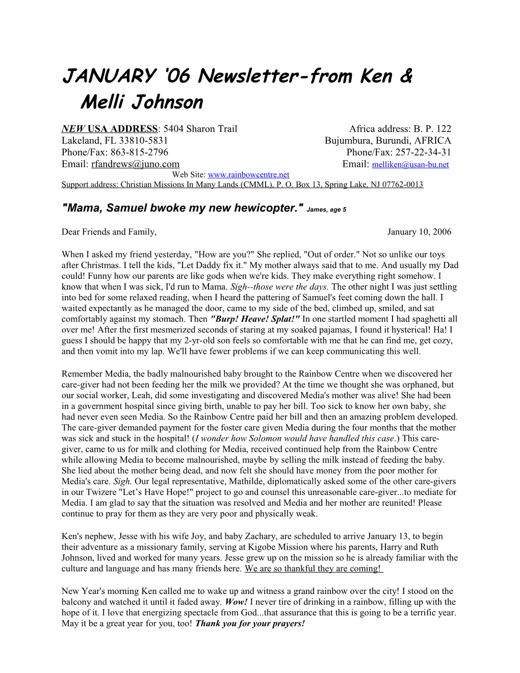 JANUARY 06 Newsletter-From Ken & Melli Johnson