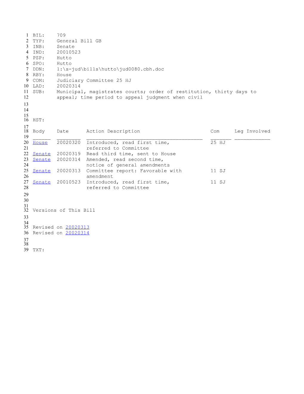 2001-2002 Bill 709: Municipal, Magistrates Courts; Order of Restitution, Thirty Days To