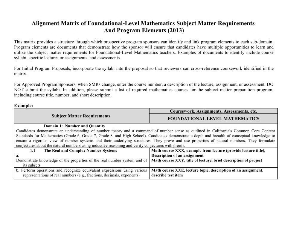 Alignment Matrix of Foundational-Level Mathematics Subject Matter Requirements