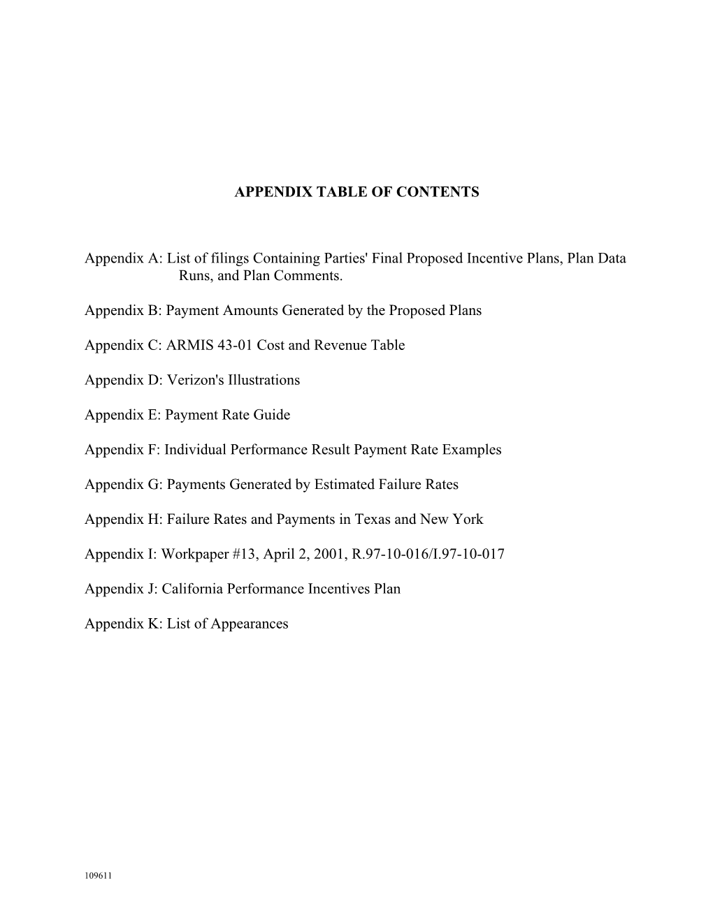 Appendix Table of Contents