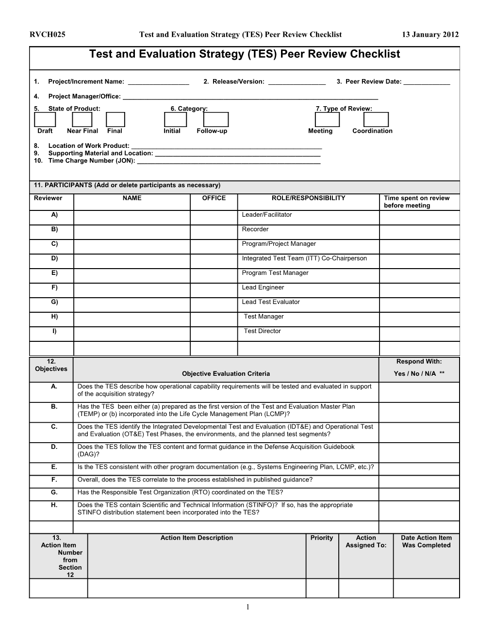 Test and Evaluation Strategy (TES)Peer Review Checklist