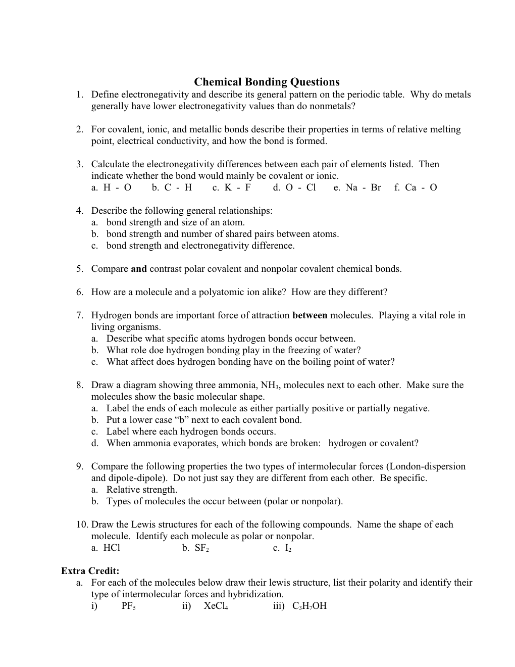 Chemical Bonding Worksheet s1