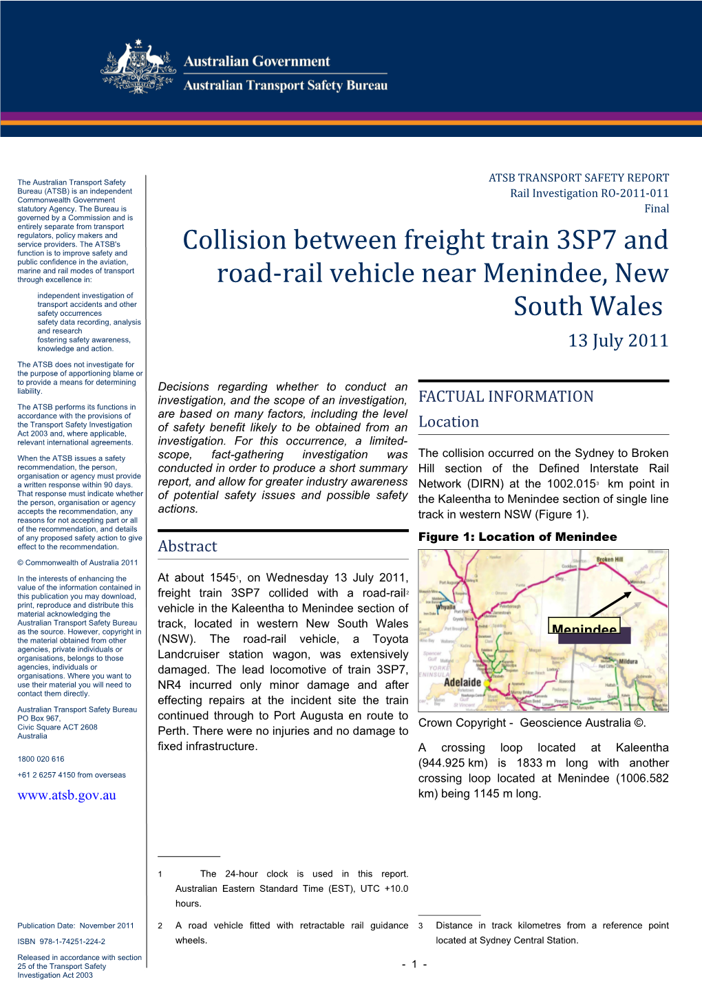 Collision Between Freight Train 3SP7 and Road-Rail Vehicle Near Menindee, New South Wales
