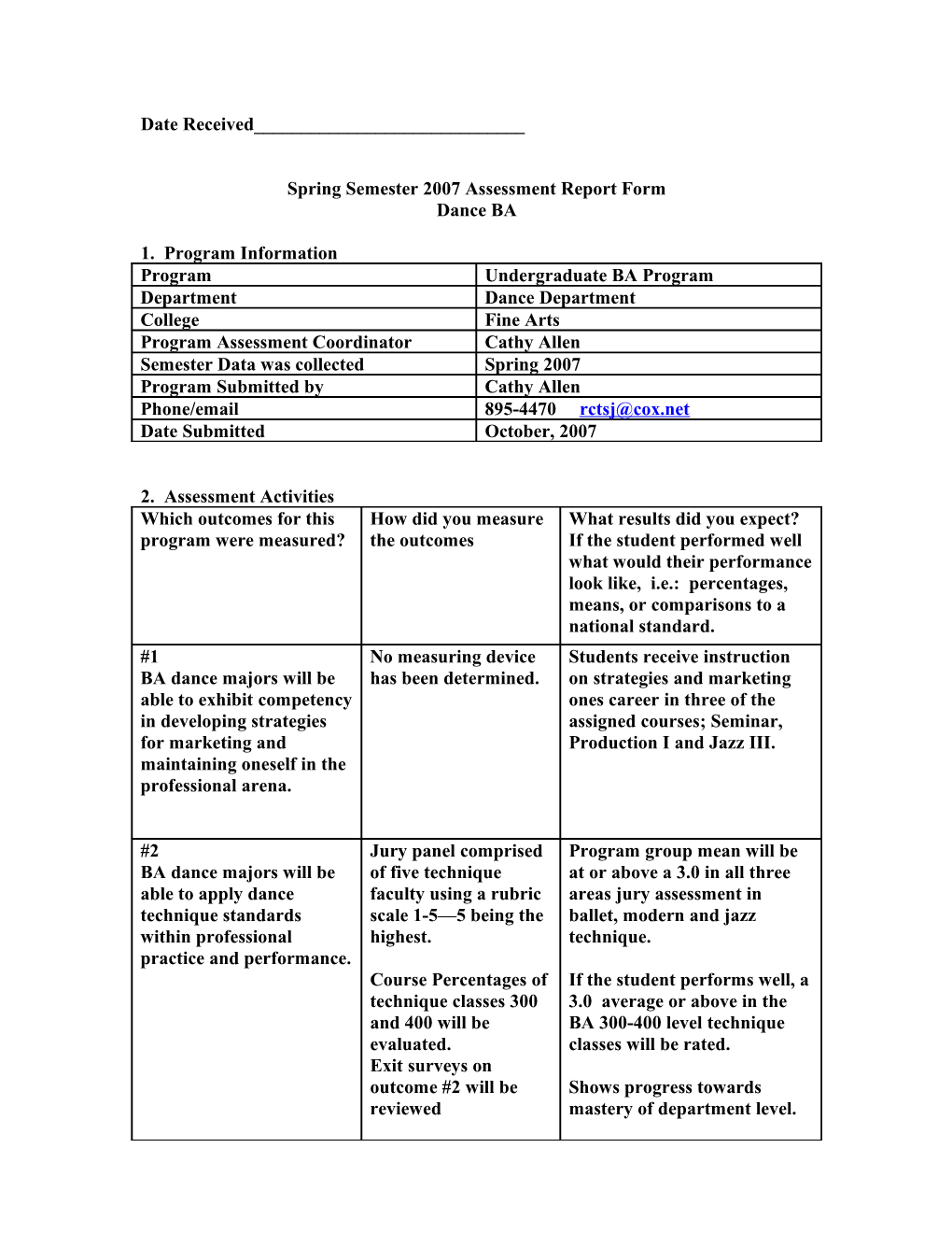 Spring Semester 2007 Assessment Report Form