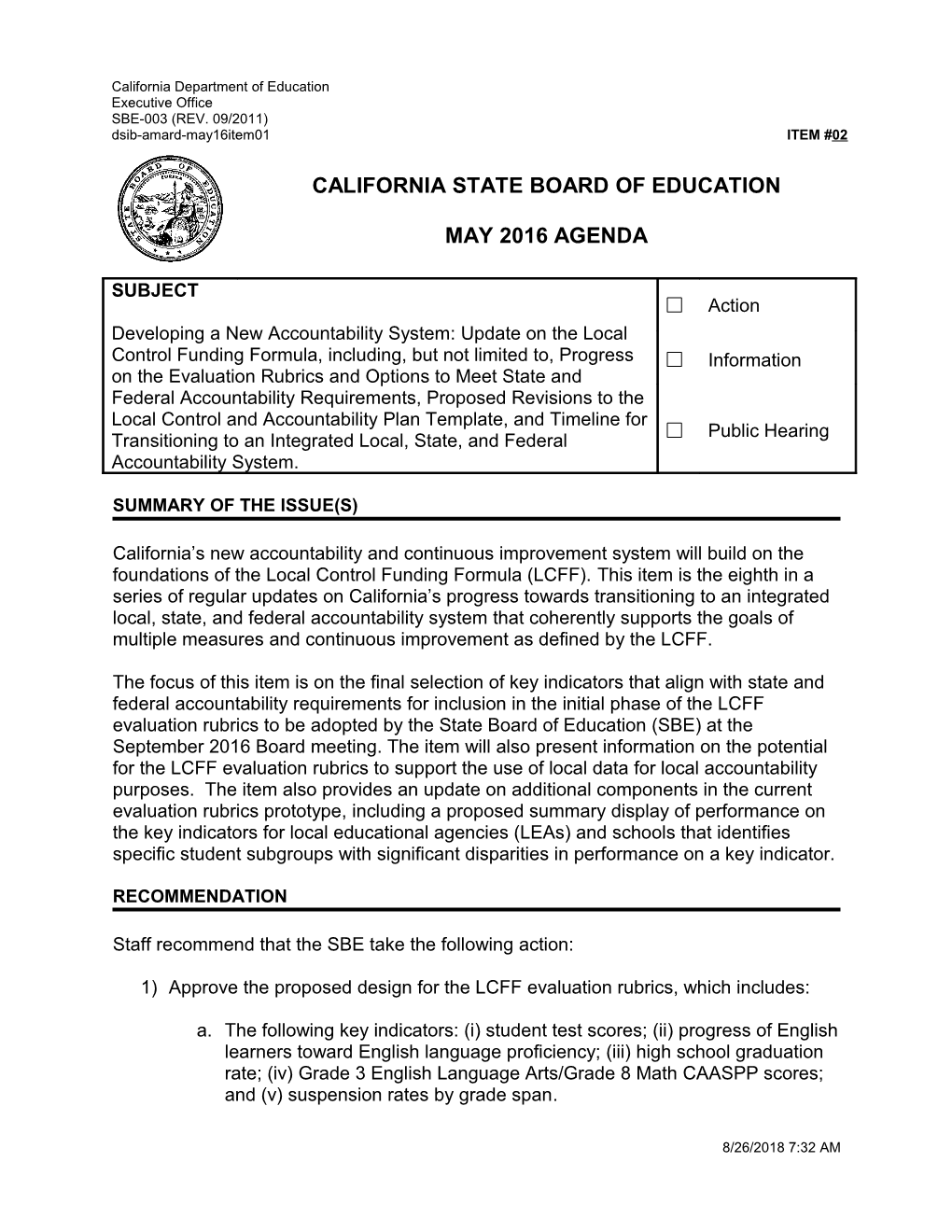 May 2016 Agenda Item 02 - Meeting Agendas (CA State Board of Education)