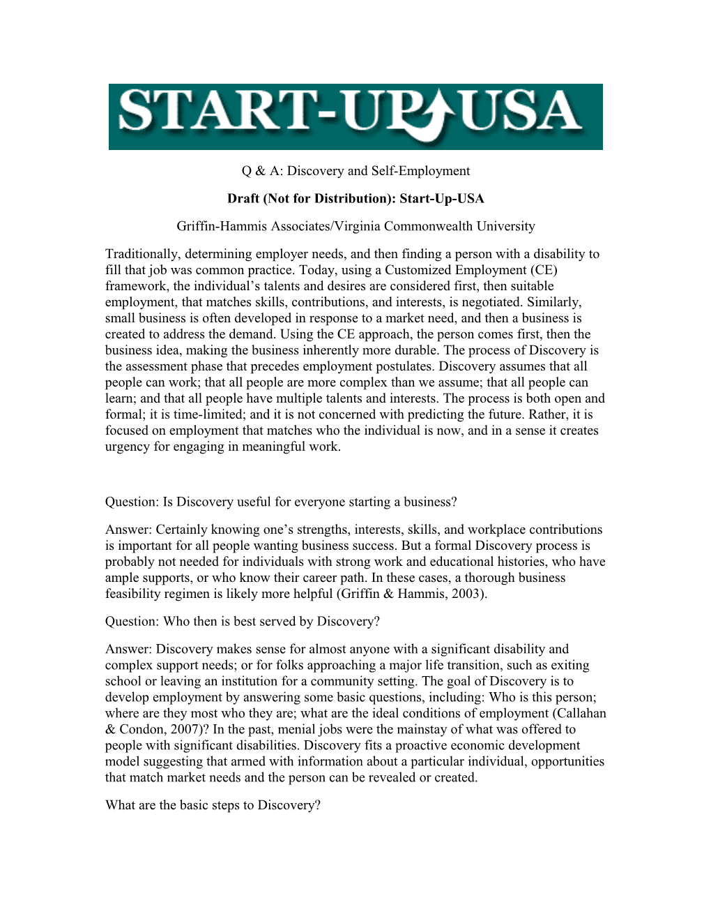 Draft (Not for Distribution): Start-Up-USA