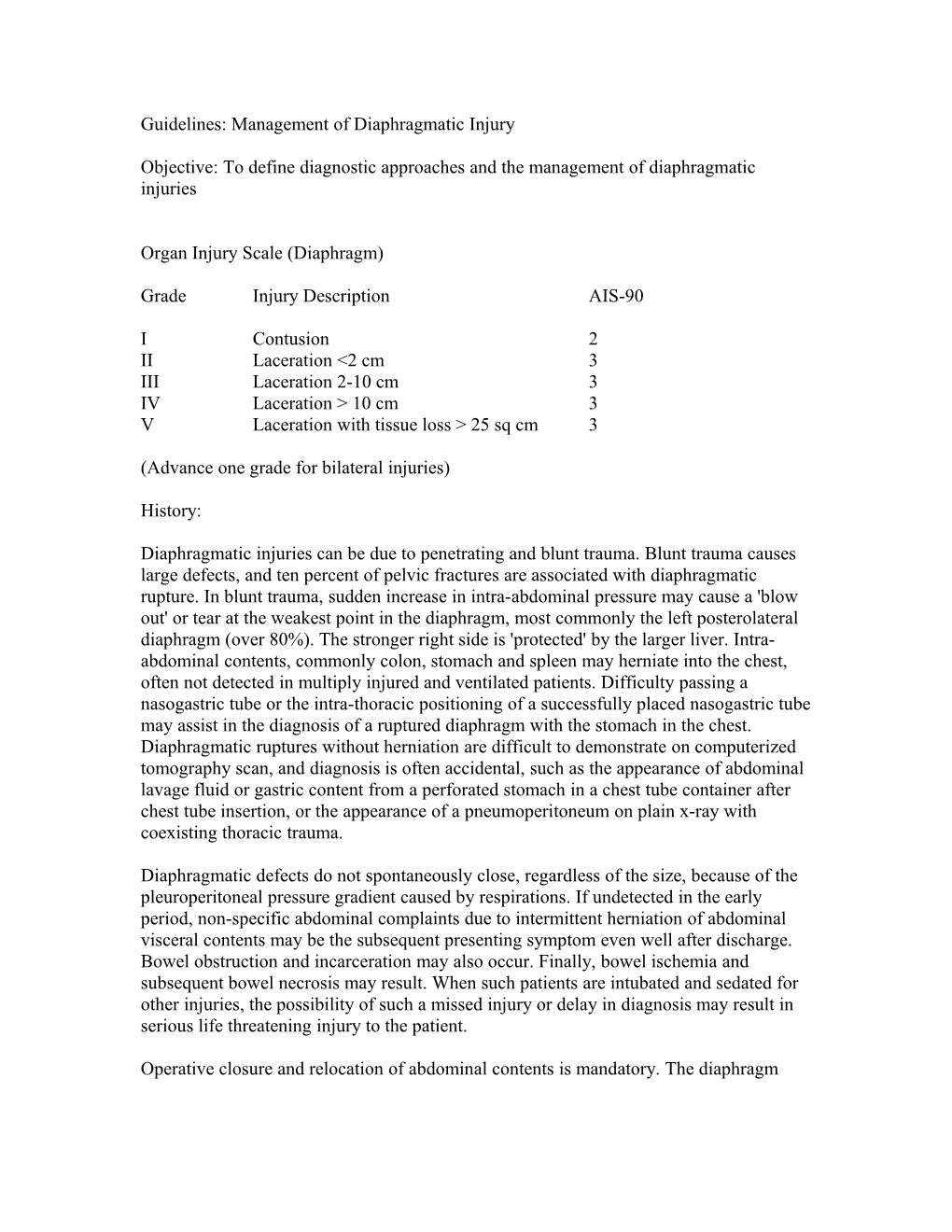 Guidelines: Management of Diaphragmatic Injury