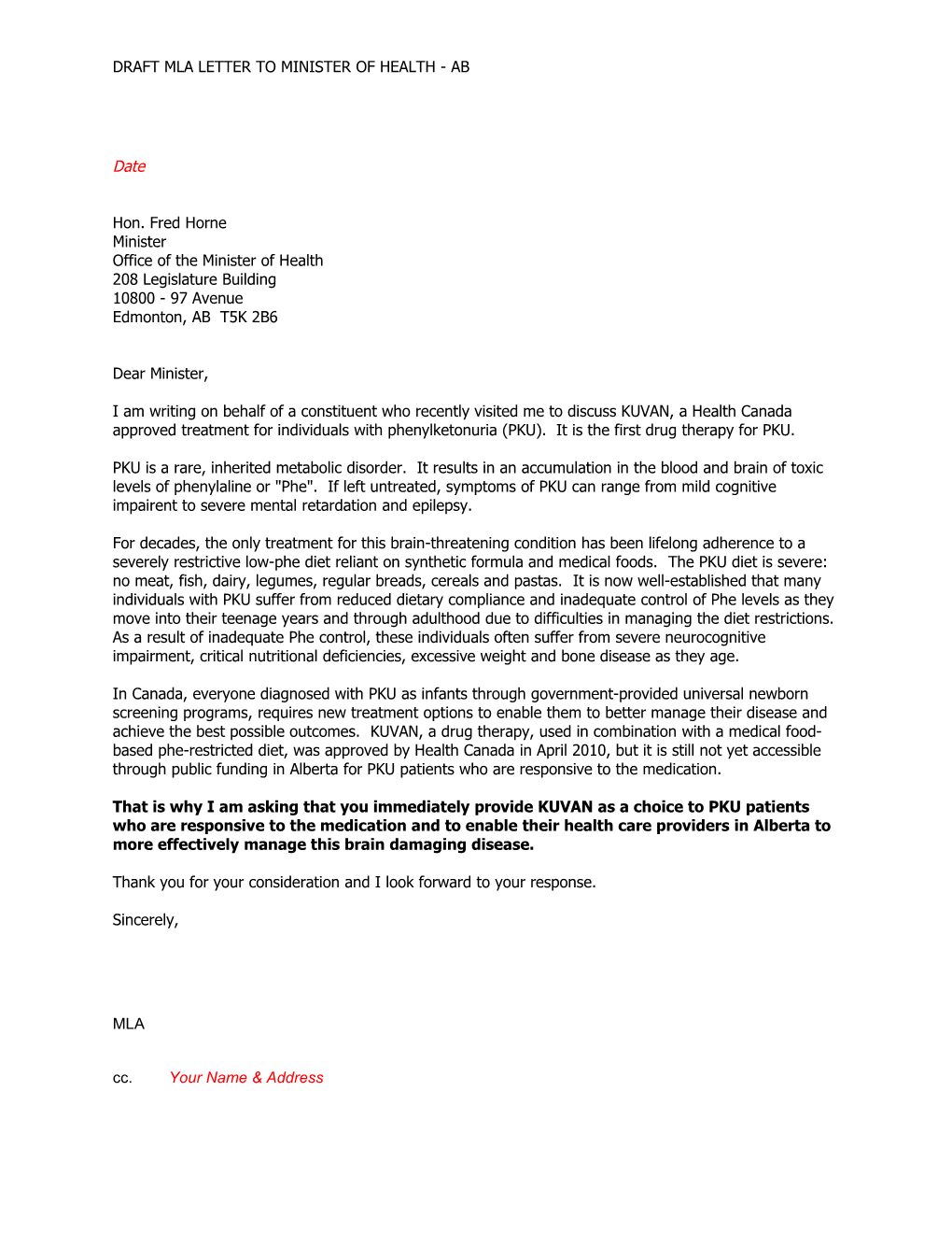 Draft Mla Letter to Minister of Health - Ab