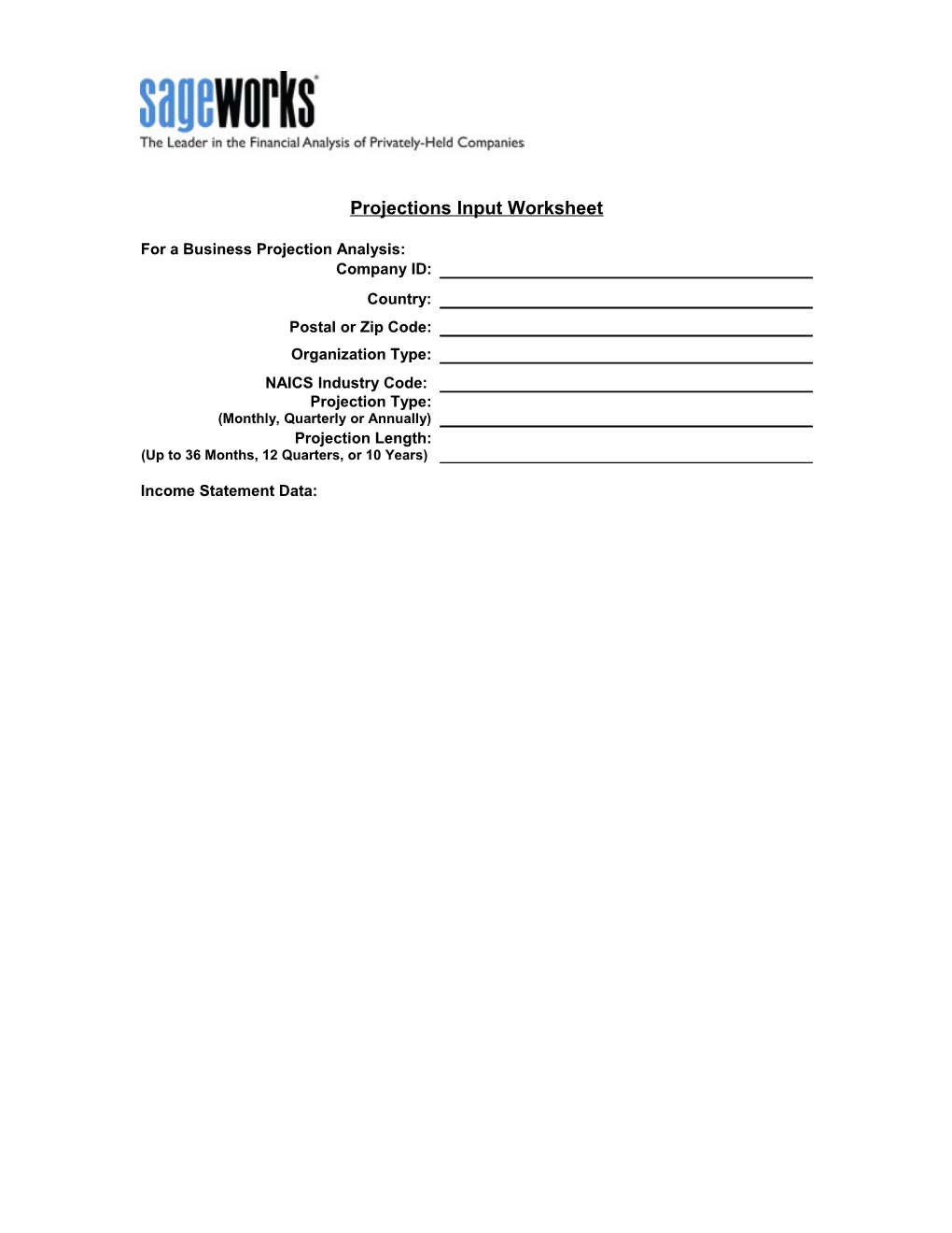 Sageworks Analyst Input Worksheet