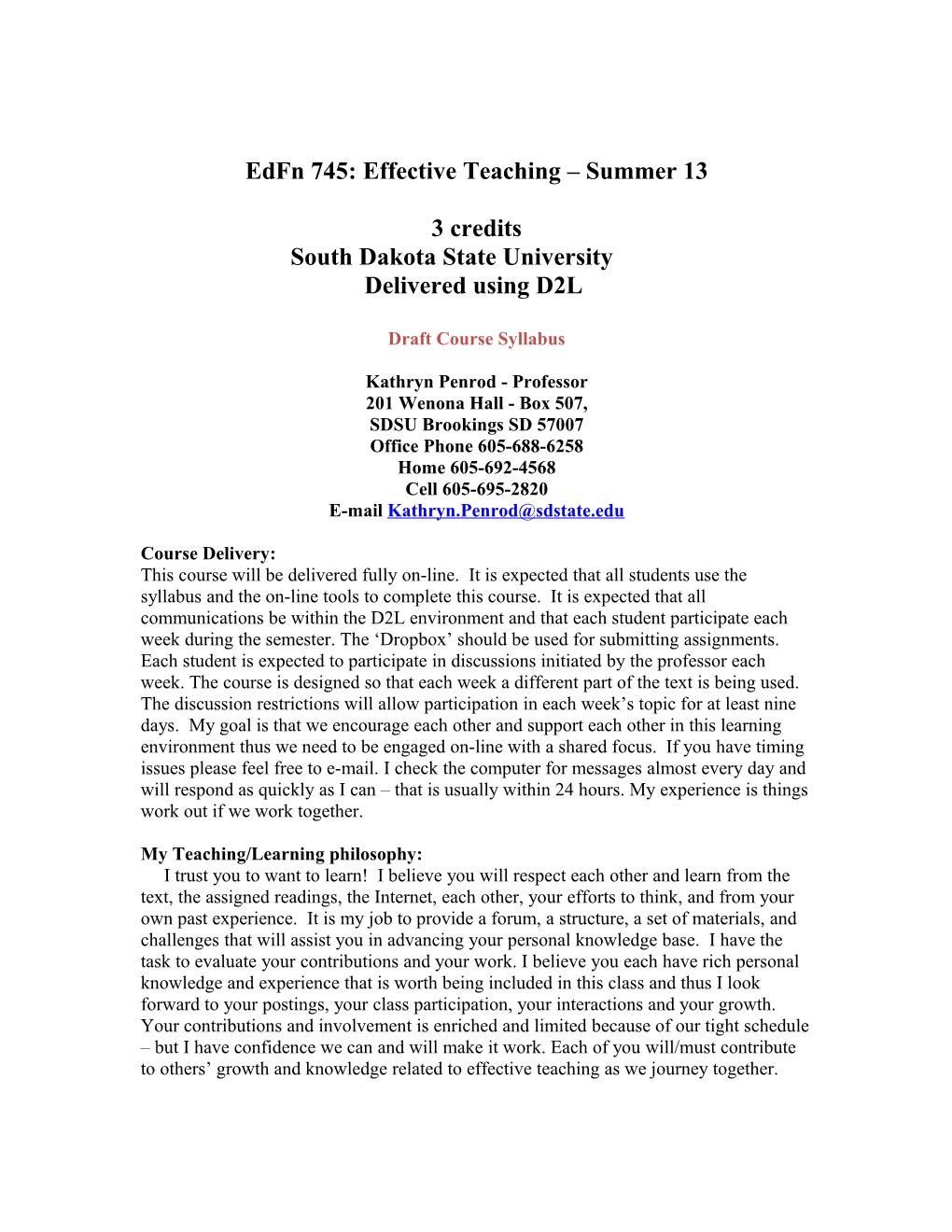 Edfn 745: Effective Teaching Summer 13