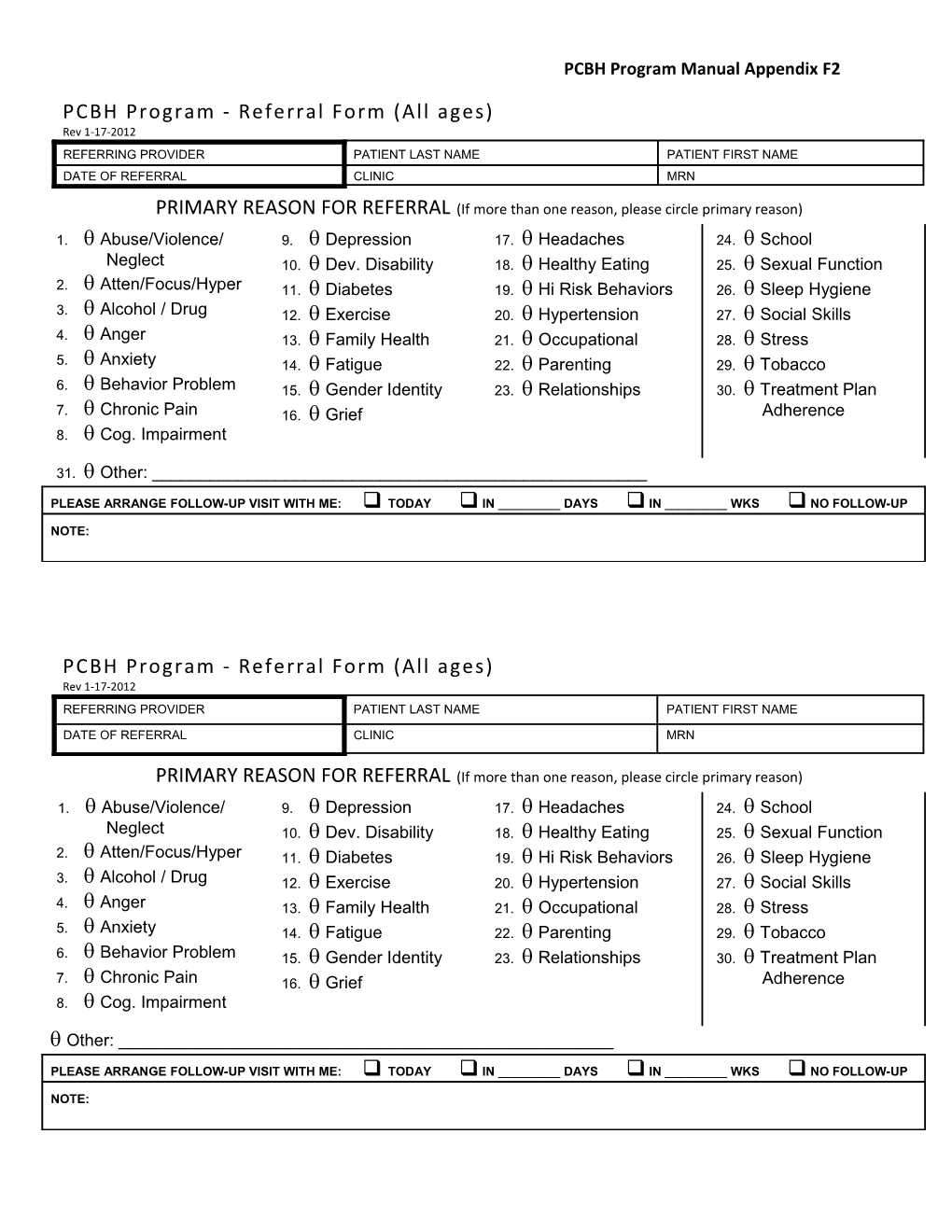 PRIMARY REASON for REFERRAL (If More Than One Reason, Please Circle Primary Reason)