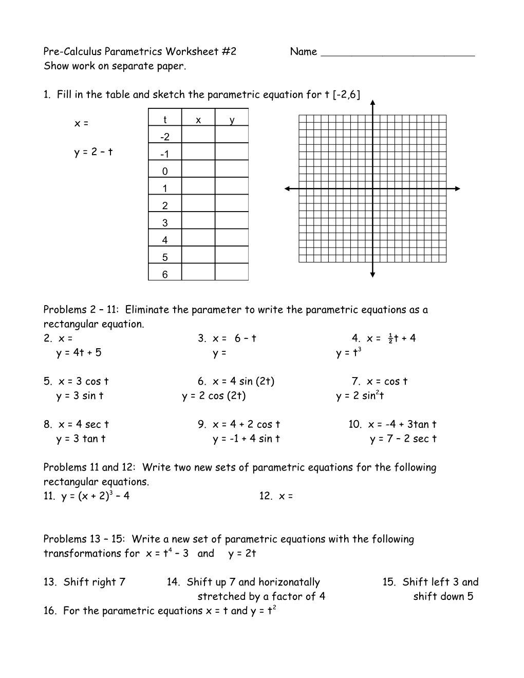 Pre-Calculus Parametrics Worksheet #2