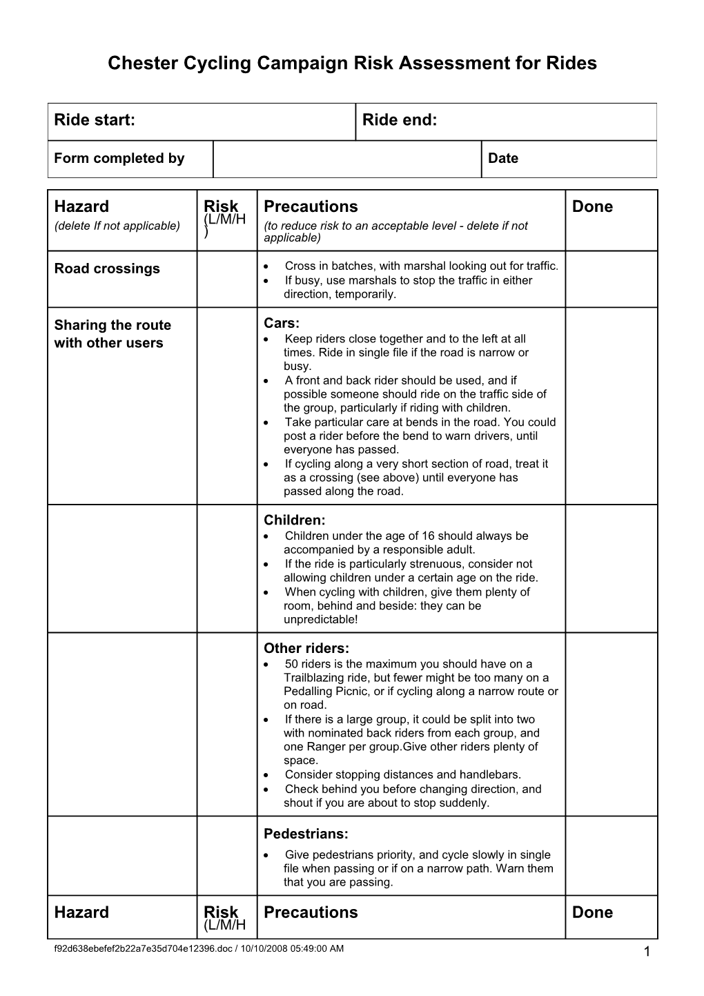 Sustrans Risk Assessment for Rides