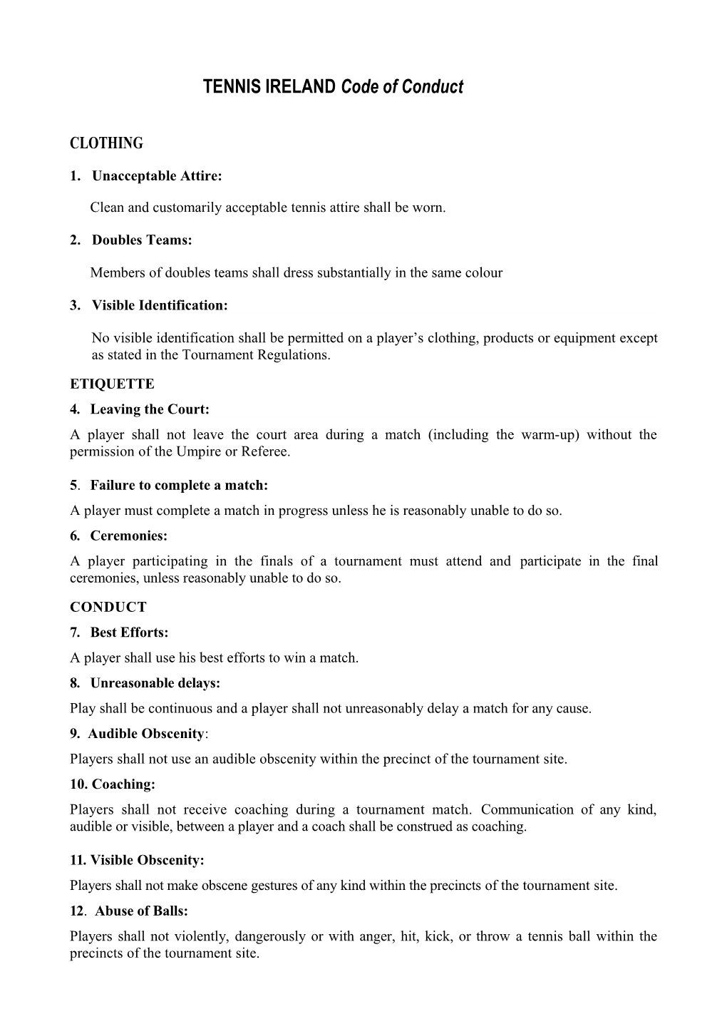 TENNIS IRELAND Code of Conduct