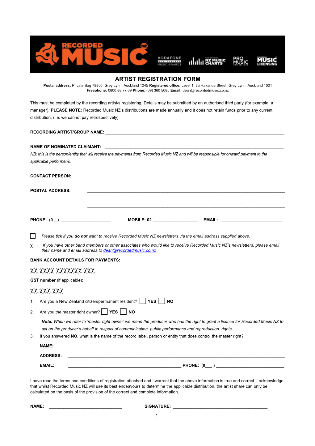 Artist Registration Form