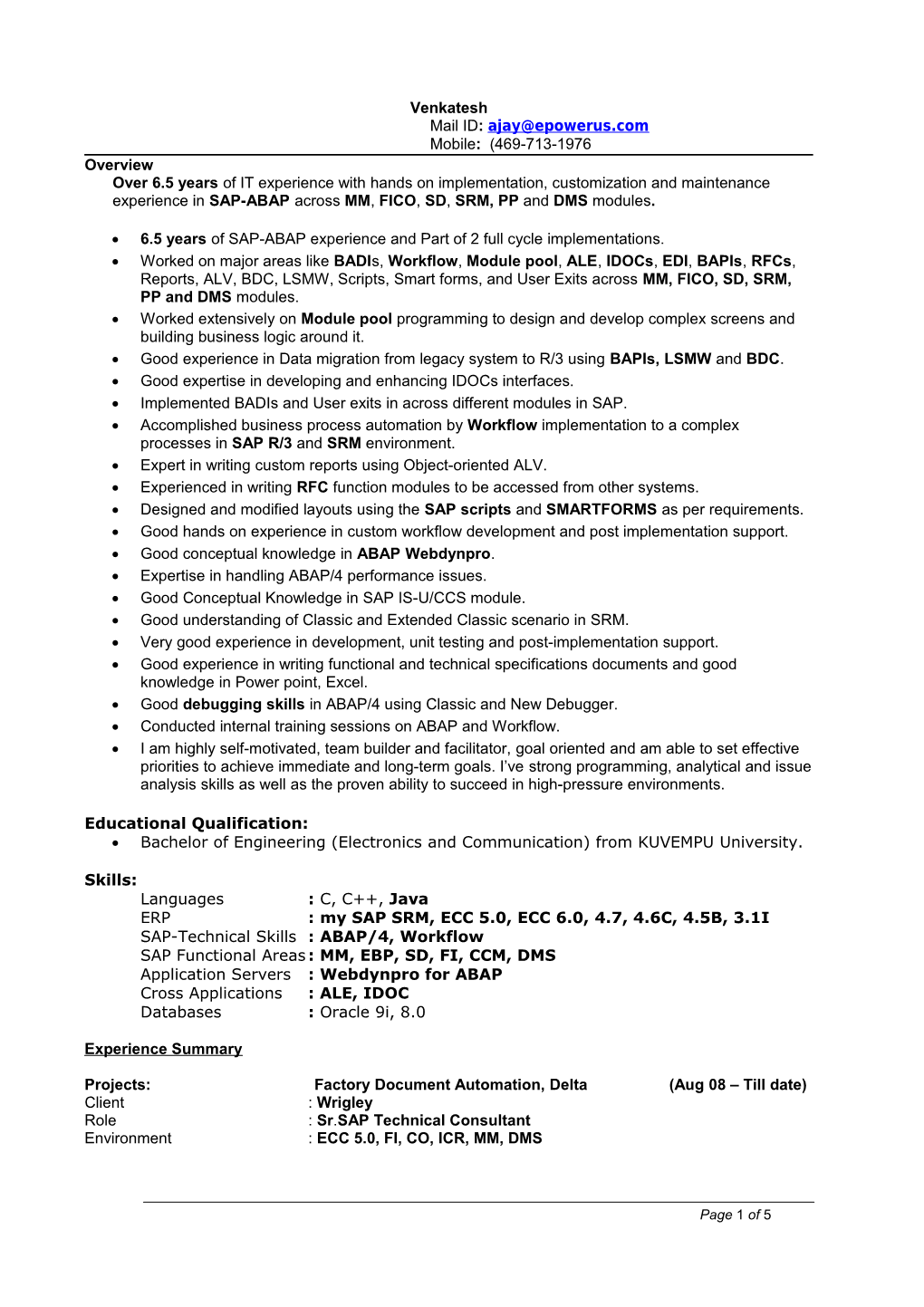 Sample Employee Resume