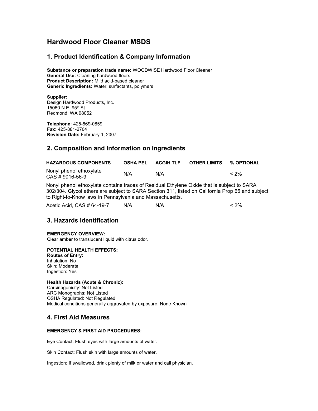 Hardwood Floor Cleaner MSDS