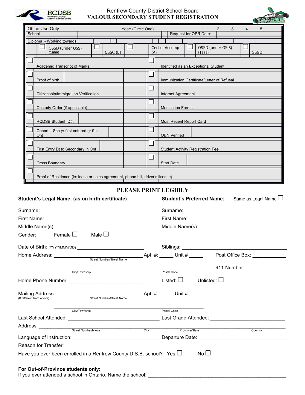 Valour Secondary Student Registration