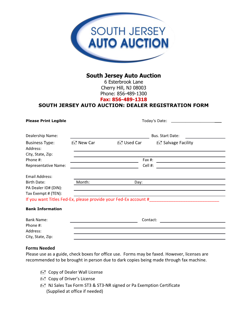 South Jersey Auto Auction: Dealer Registration Form