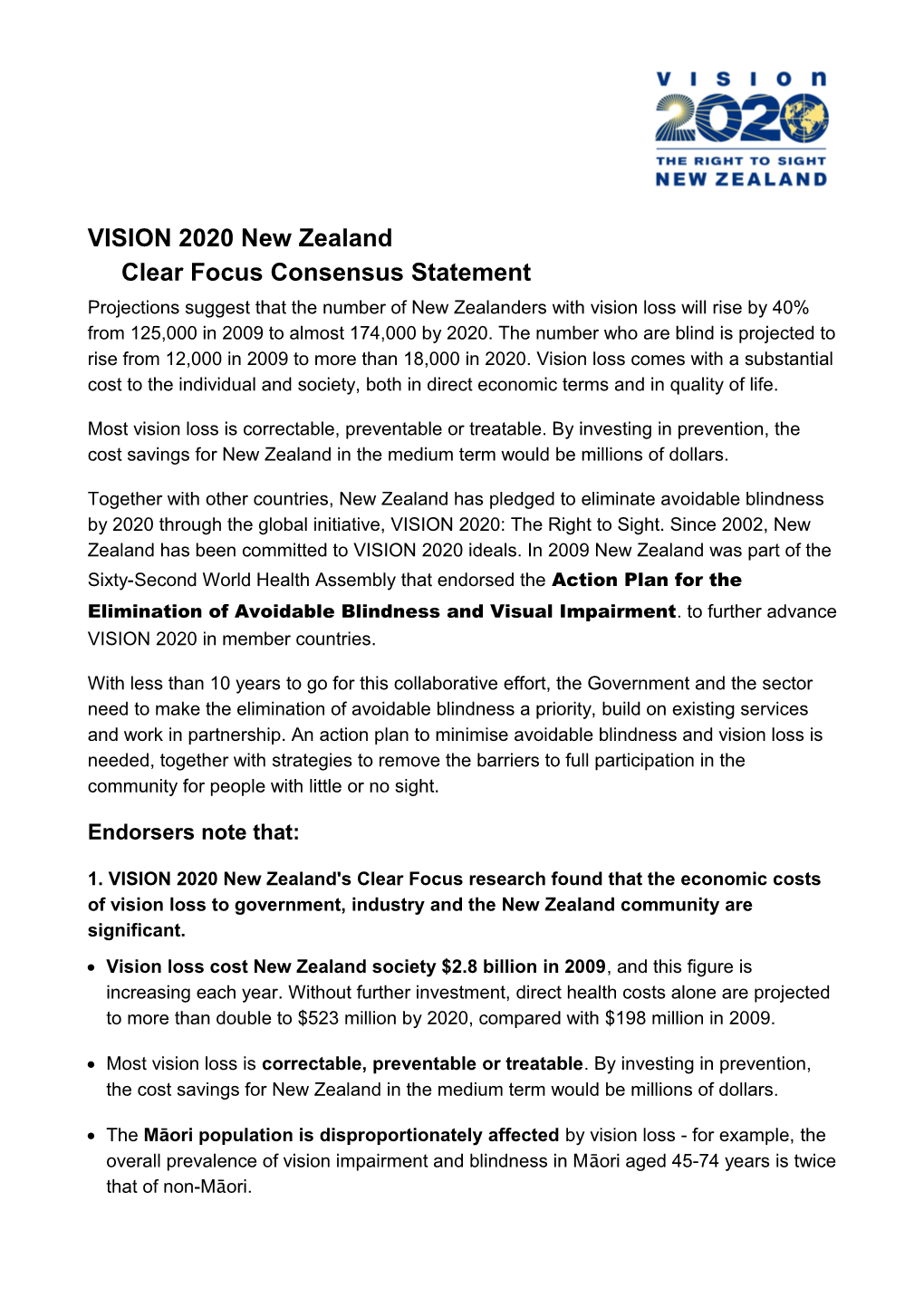 VISION 2020 New Zealand Clear Focus Consensus Statement
