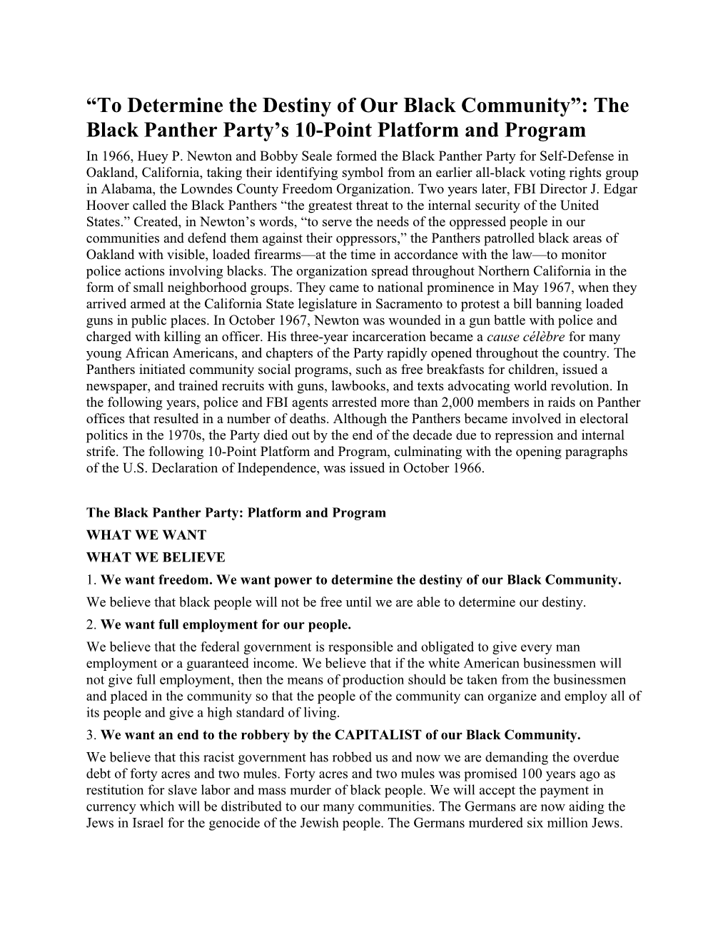 The Black Panther Party: Platform and Program