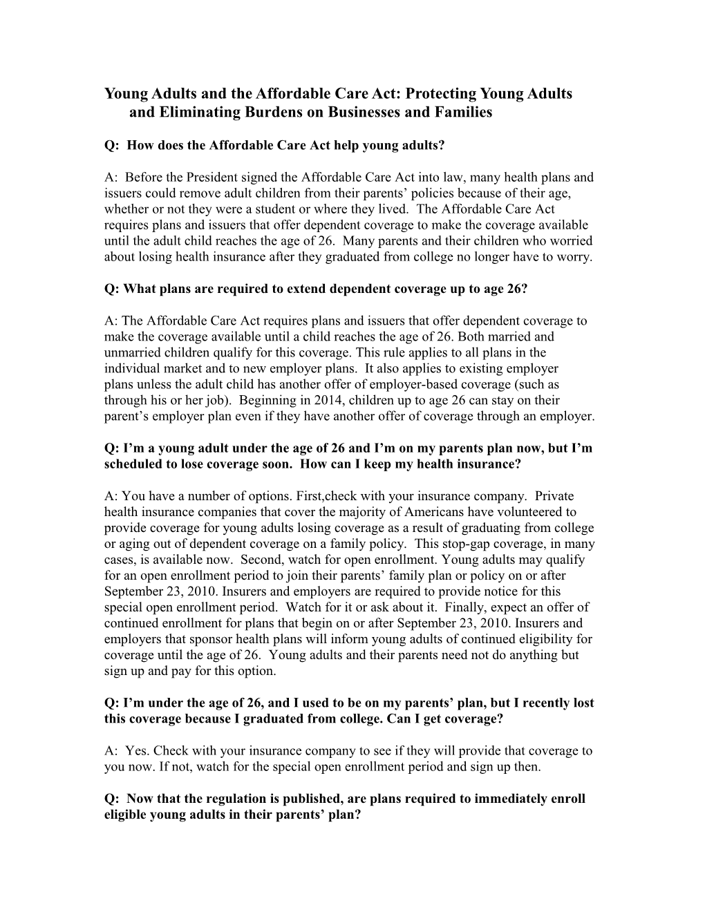 HHS FAQ Young Adults And The Affordable Care Act