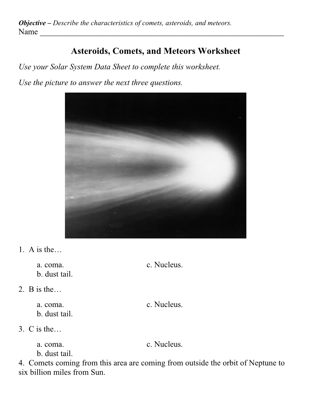 Asteroids, Comets, and Meteors Worksheet