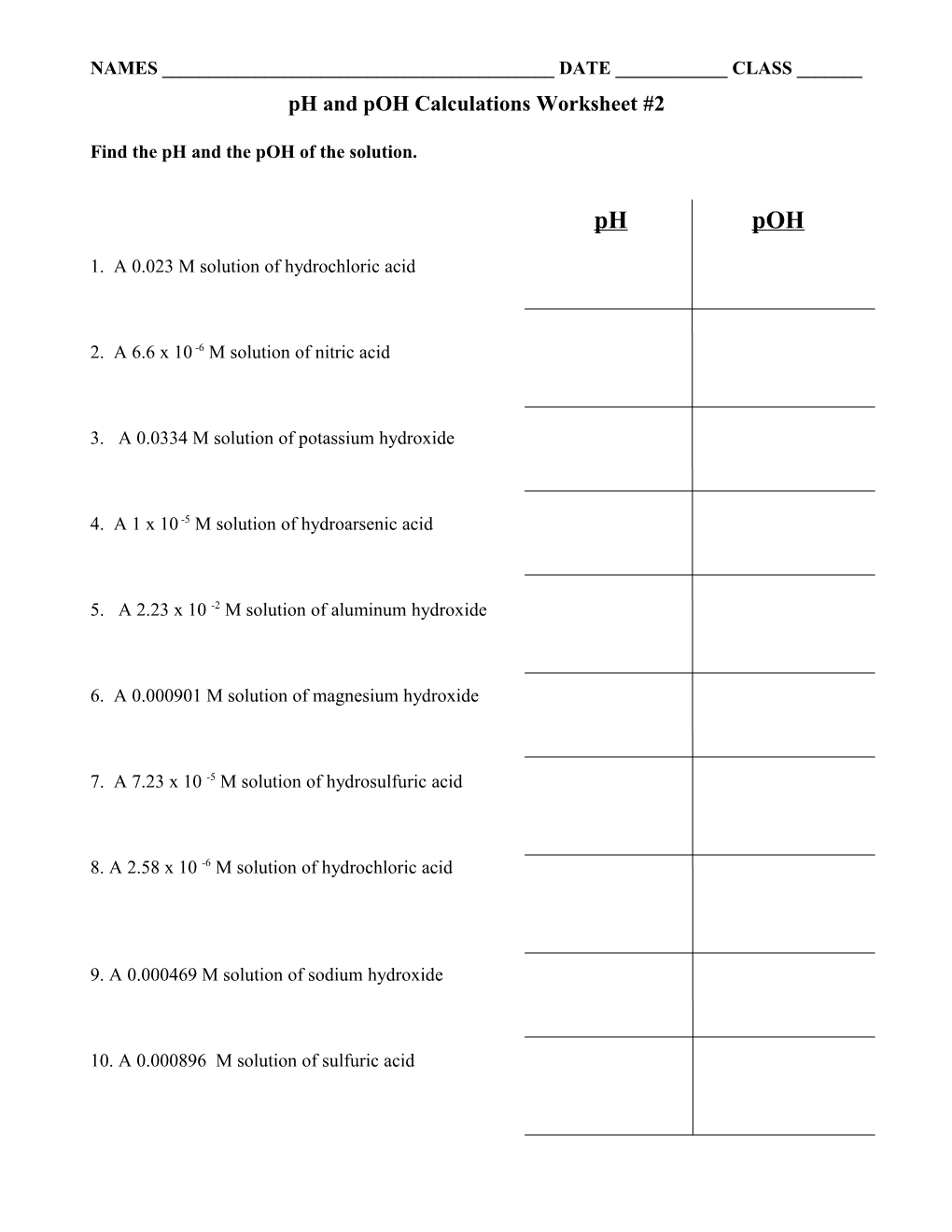 Ph and Poh Calculations Worksheet