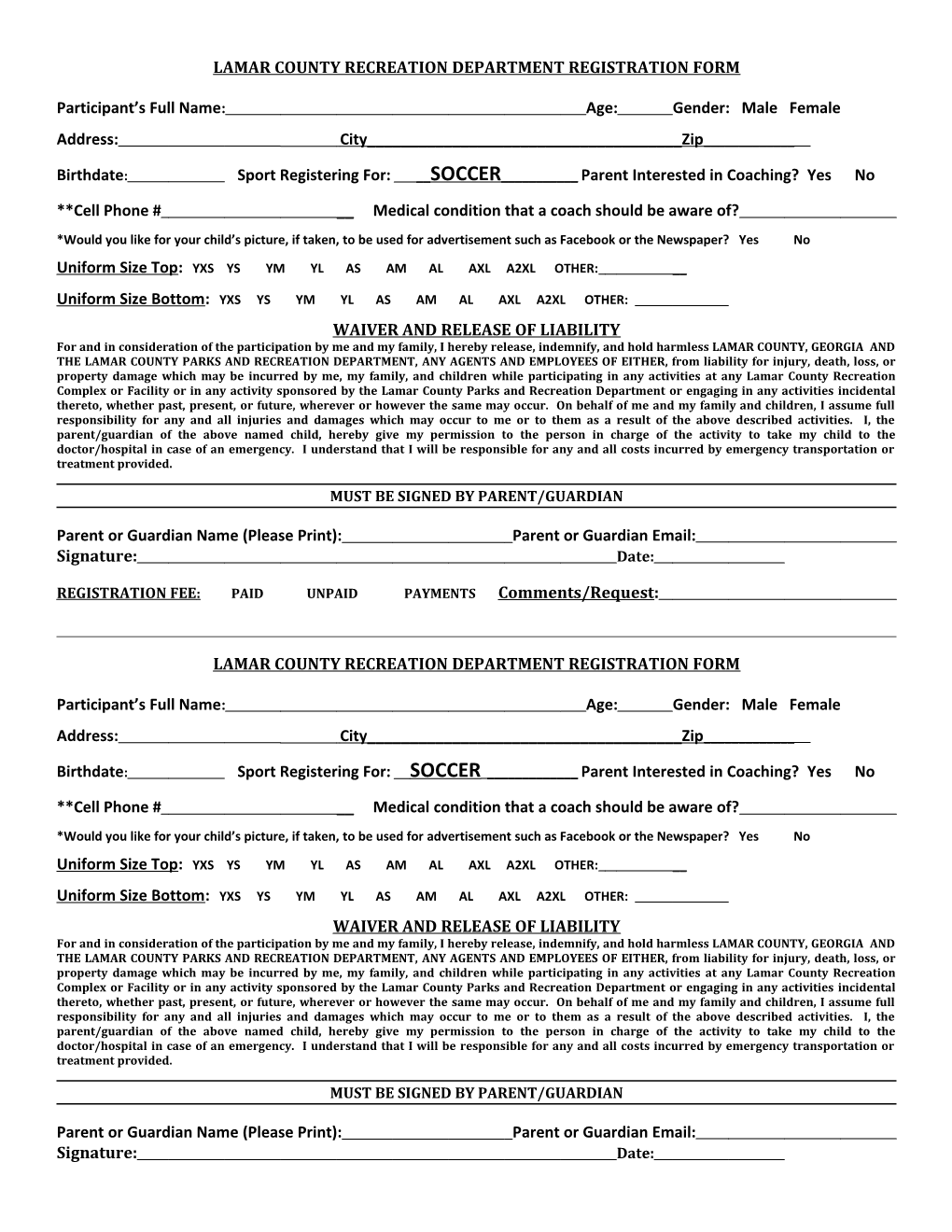 Lamar County Recreation Department Registration Form