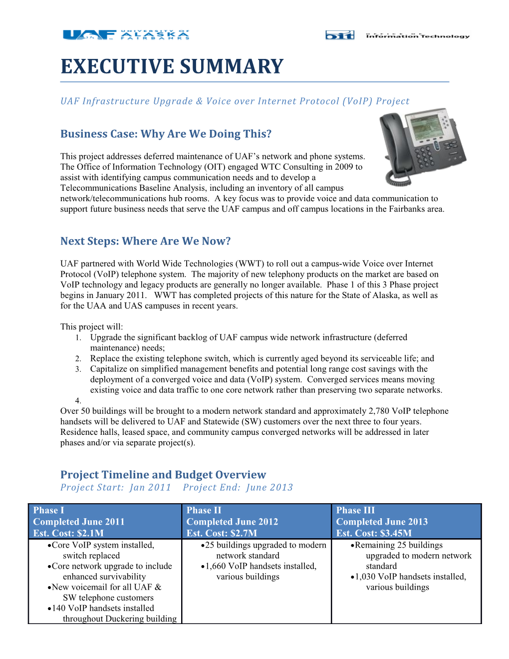 UAF Infrastructure Upgrade & Voice Over Internet Protocol (Voip) Project