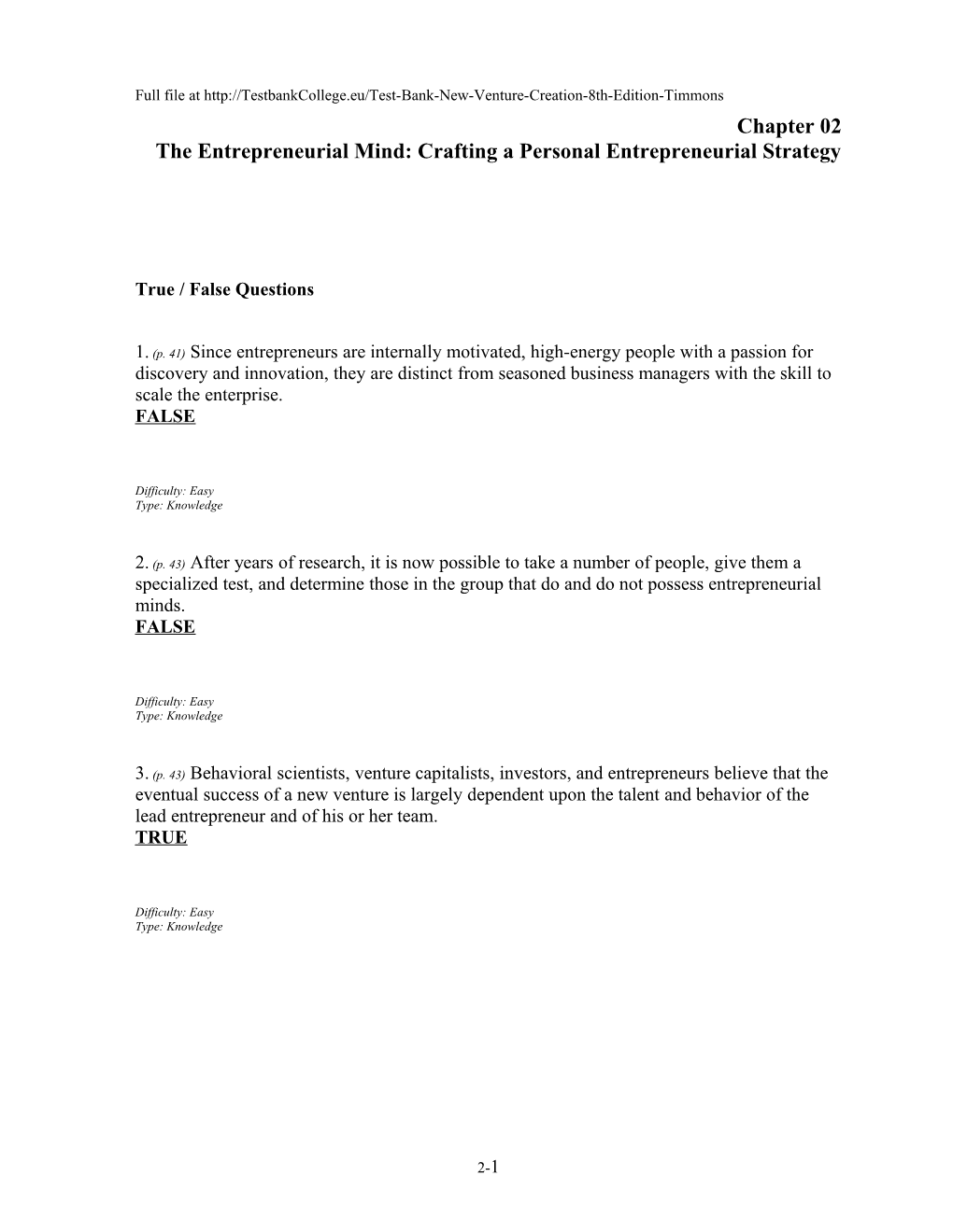 Chapter 02 the Entrepreneurial Mind: Crafting a Personal Entrepreneurial Strate
