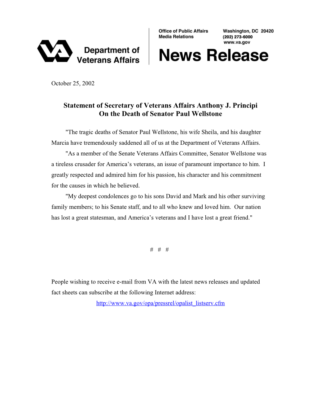 Statement of Secretary of Veterans Affairs Anthony J. Principi