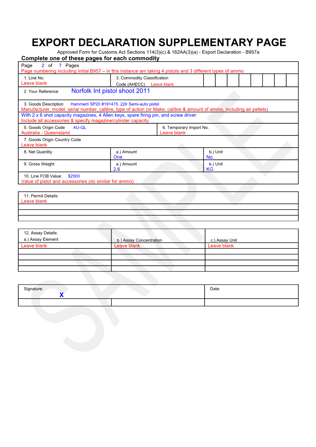 Export Declaration Supplementary Page