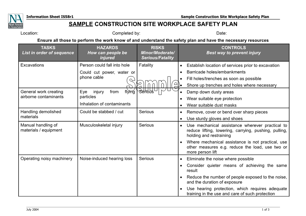 Sample Construction Site Workplace Safety Plan