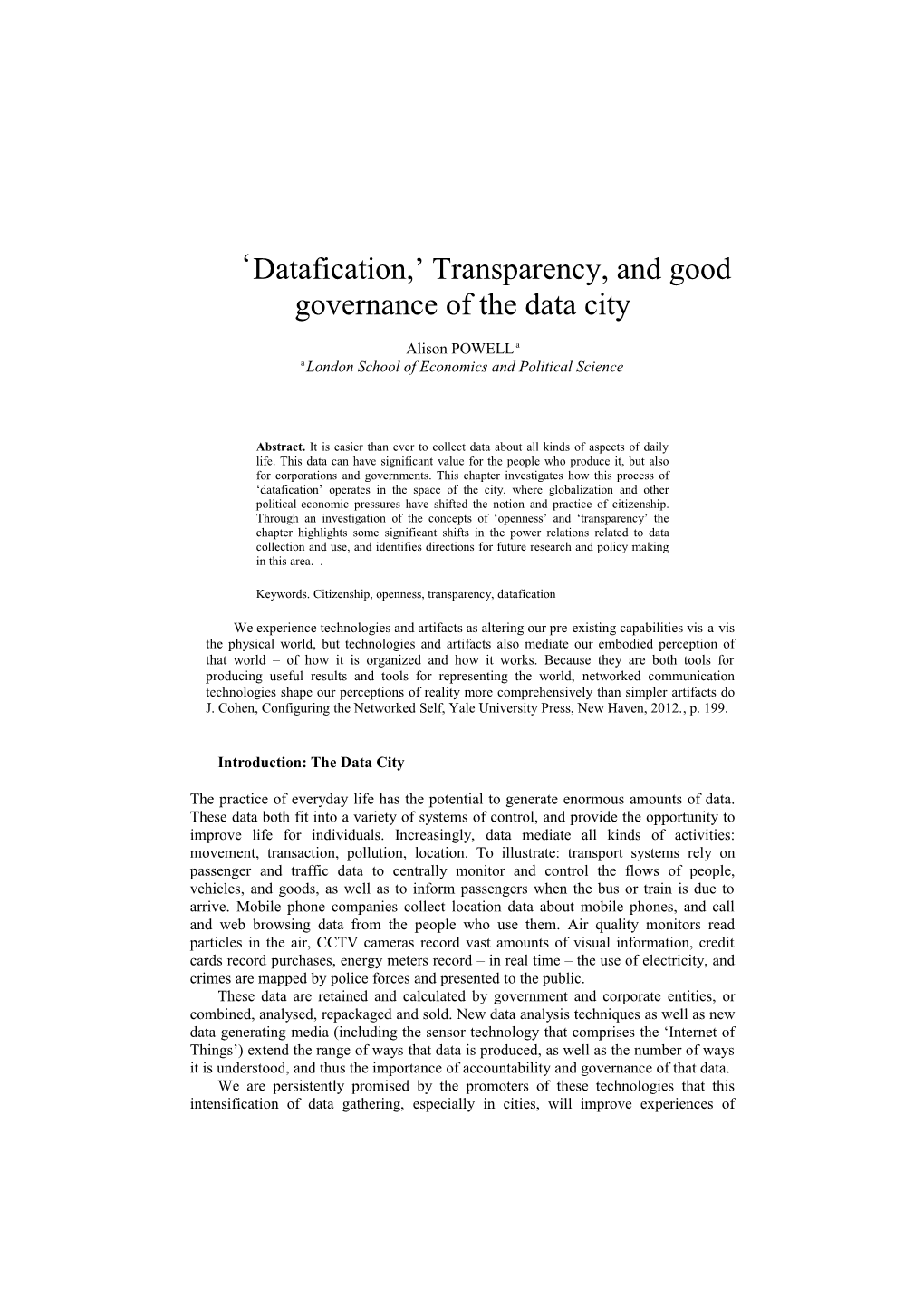 Datafication, Transparency, and Good Governance of the Data City