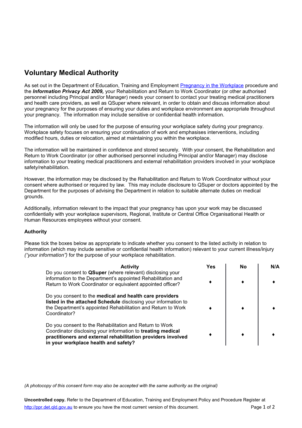 Pregnancy in the Workplace Voluntary Medical Authority