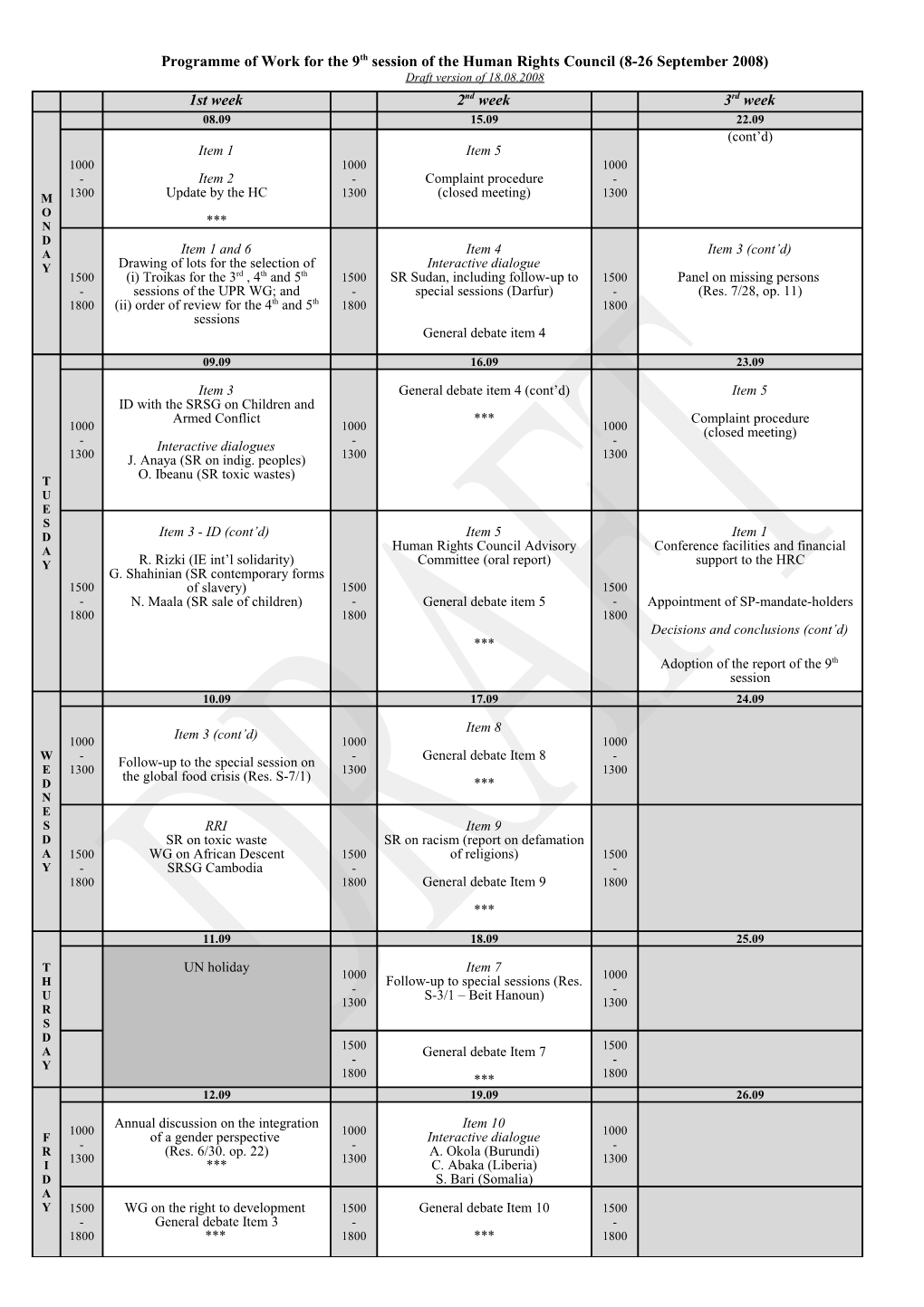 Draft Timetable for the 4Th Session of the Human Rights Council