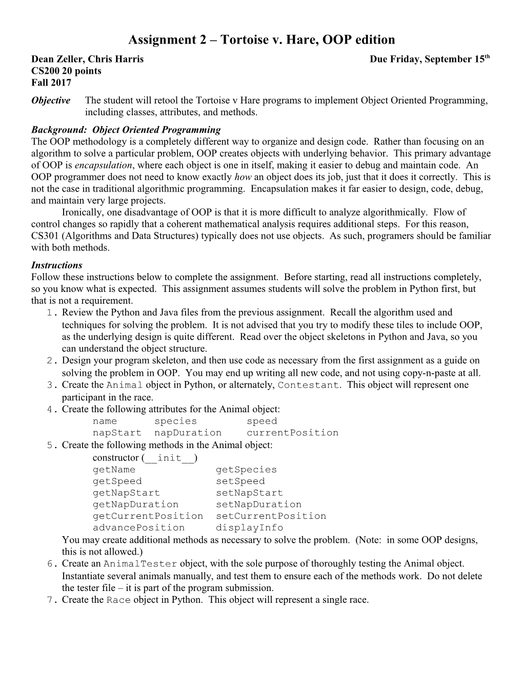 Assignment 2 Tortoise V. Hare, OOP Edition