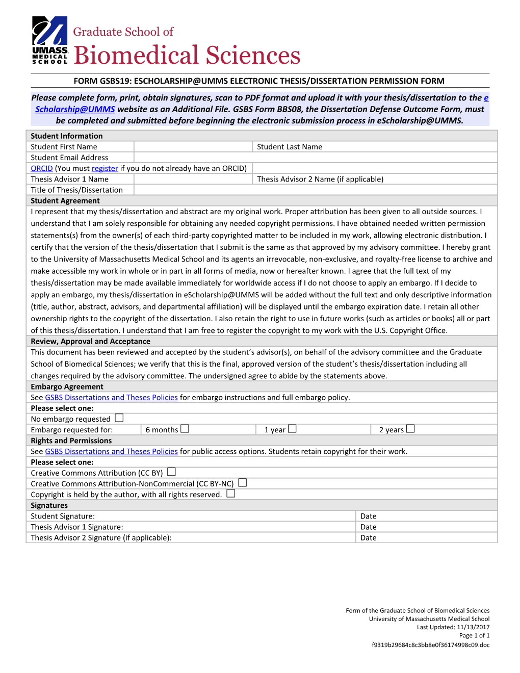 Form Gsbs19: Escholarship Umms Electronic Thesis/Dissertation Permission Form