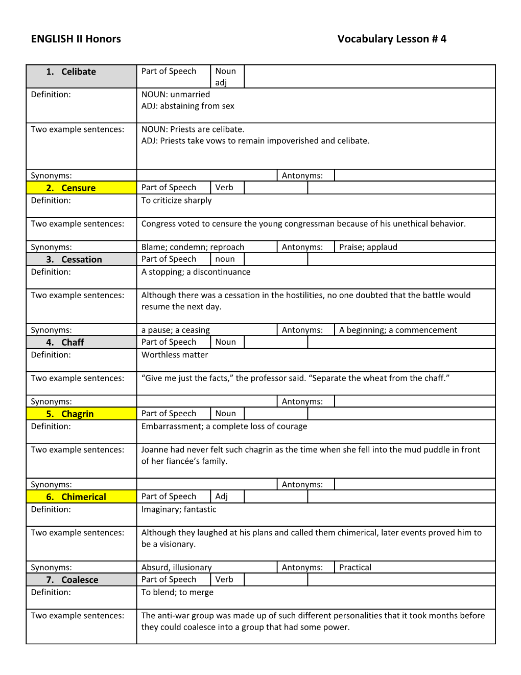 ENGLISH II Honors Vocabulary Lesson # 4