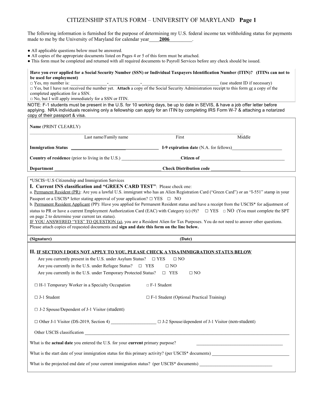 Citizenship Status Form University of Maryland